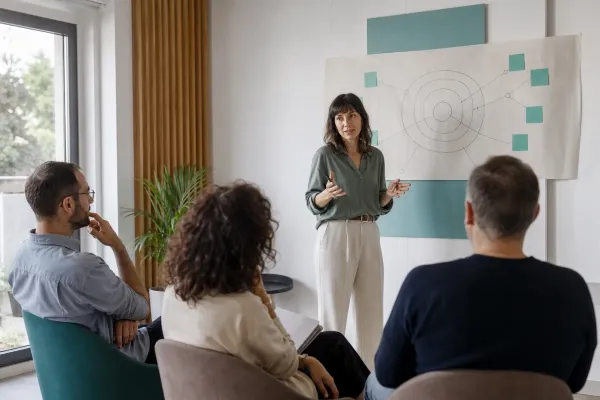 Facilitadora compartint un marc de treball amb un equip